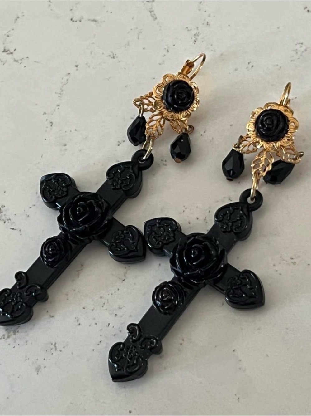 Tarina Tarantino Black Rose Cross Drop Earrings with Gold Accents